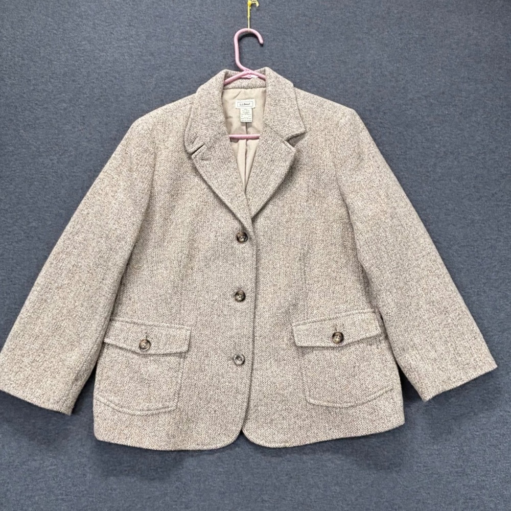 VTG L.L.Bean Sport Coat Womens XL Herringbone Tweed Brown Tan wool silk Lined